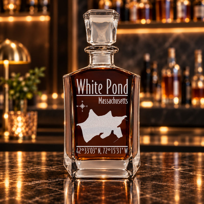 White Pond Massachusetts Modern engraved six-sided whiskey decanter - decanter alone