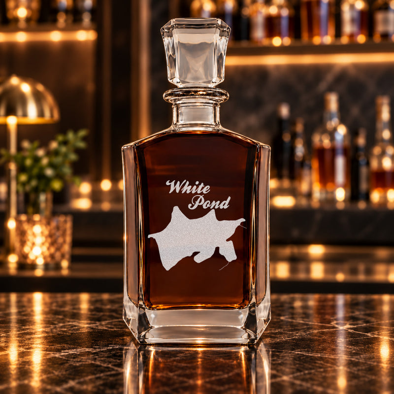 White Pond Massachusetts Minimalist engraved six-sided whiskey decanter - decanter alone