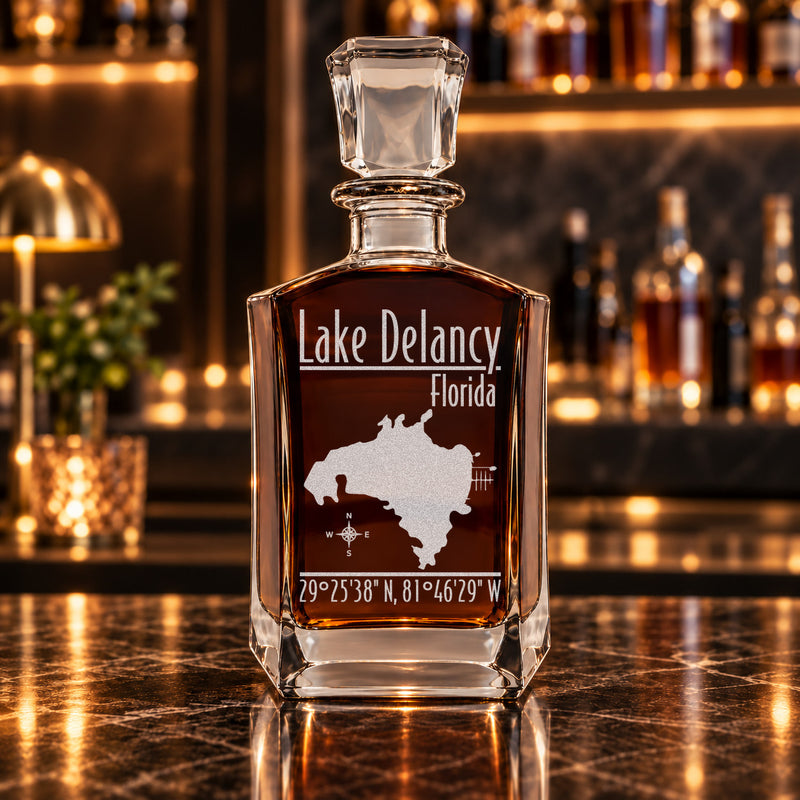 Lake Delancy Florida Modern engraved six-sided whiskey decanter - decanter alone