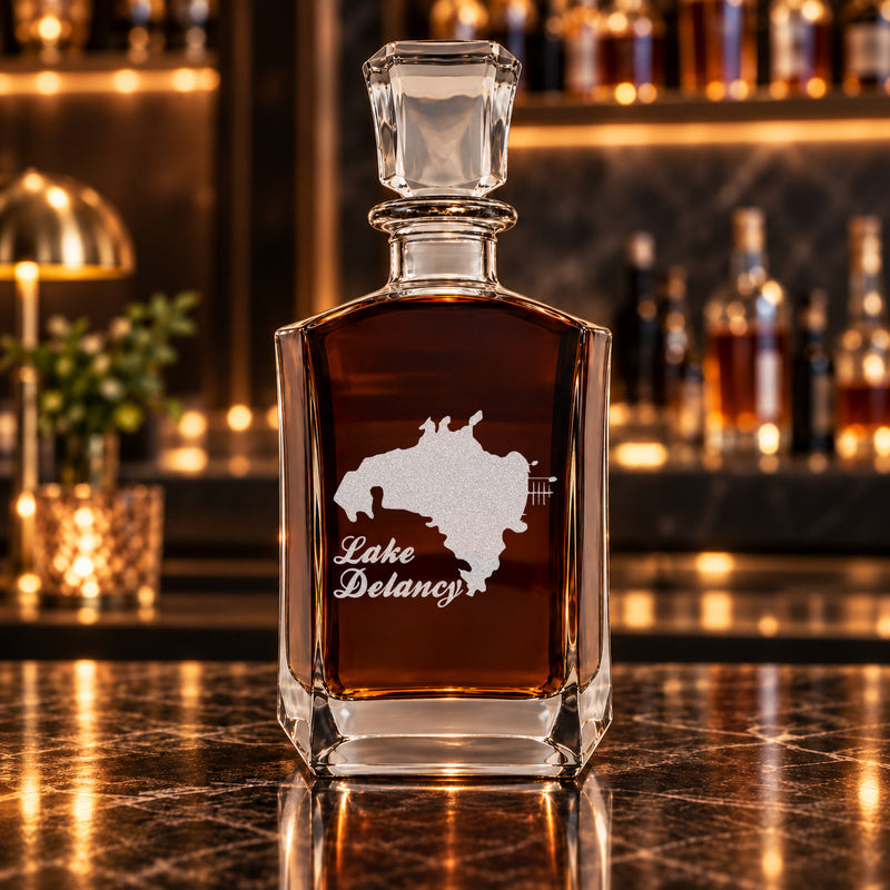 Lake Delancy Florida Minimalist engraved six-sided whiskey decanter - decanter alone