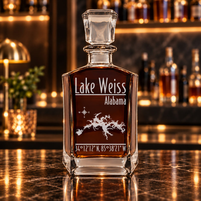 Lake Weiss Alabama Modern engraved six-sided whiskey decanter - decanter alone