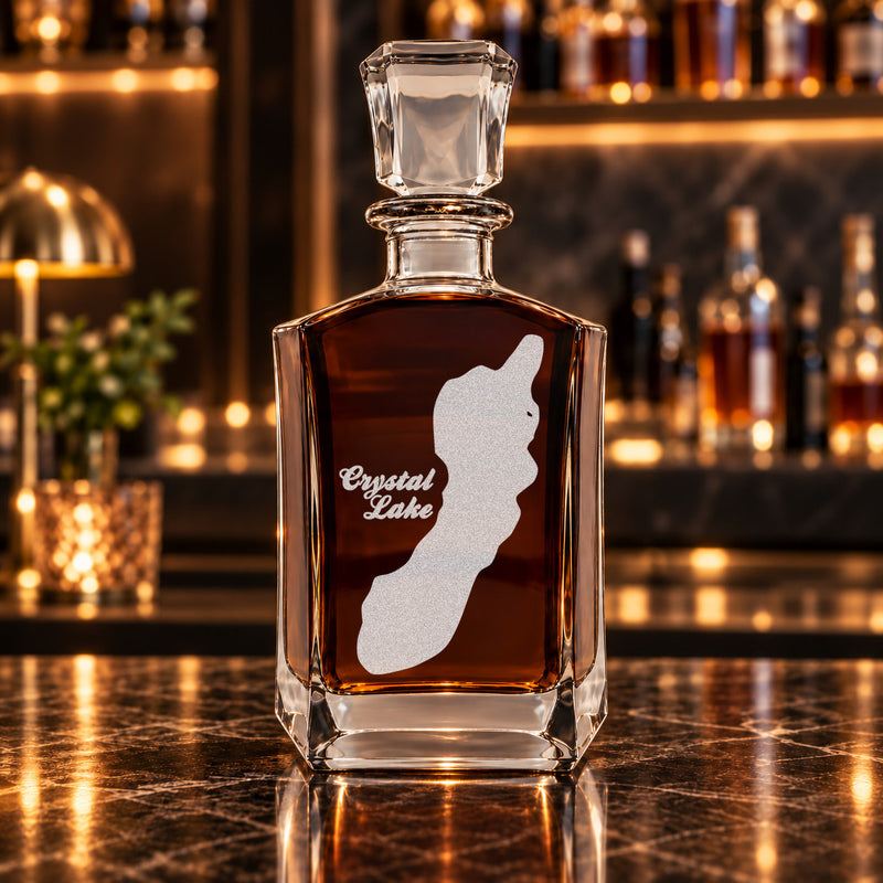 Crystal Lake Wisconsin Minimalist engraved six-sided whiskey decanter - decanter alone
