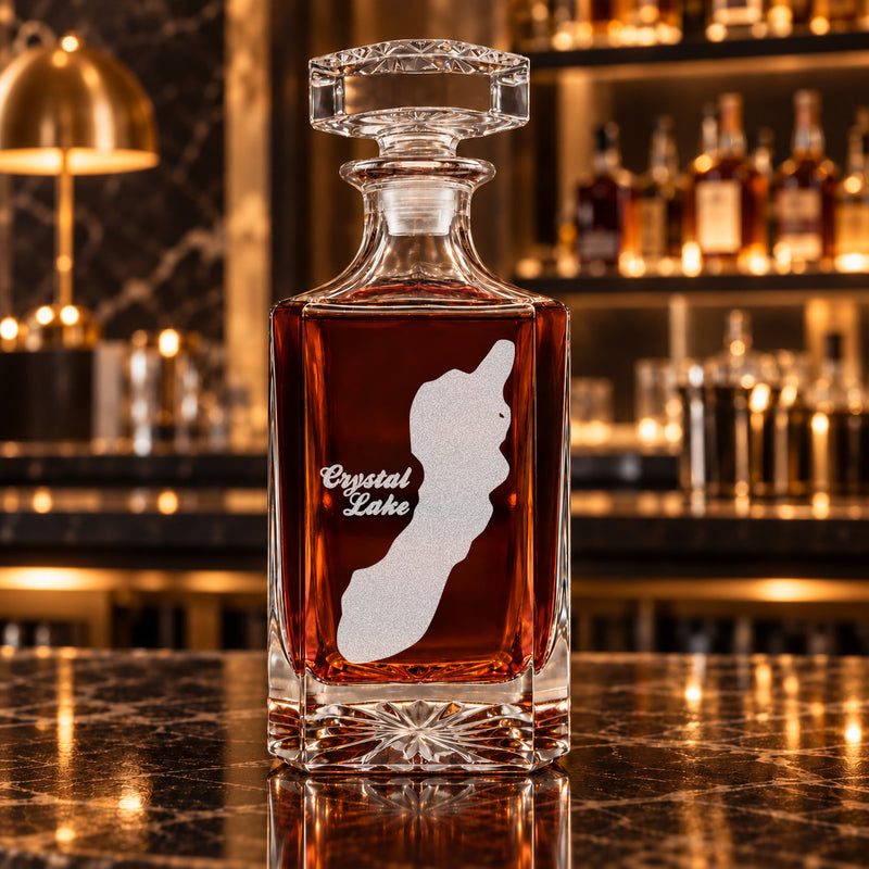 Crystal Lake Wisconsin Minimalist engraved square whiskey decanter - decanter alone