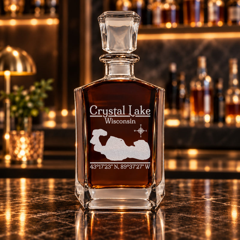 Crystal Lake Wisconsin Classic engraved six-sided whiskey decanter - decanter alone