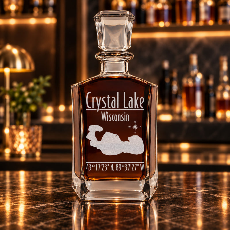 Crystal Lake Wisconsin Modern engraved six-sided whiskey decanter - decanter alone