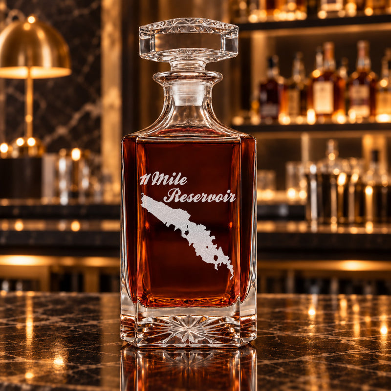 11 Mile Reservoir Colorado Minimalist engraved square whiskey decanter - decanter alone
