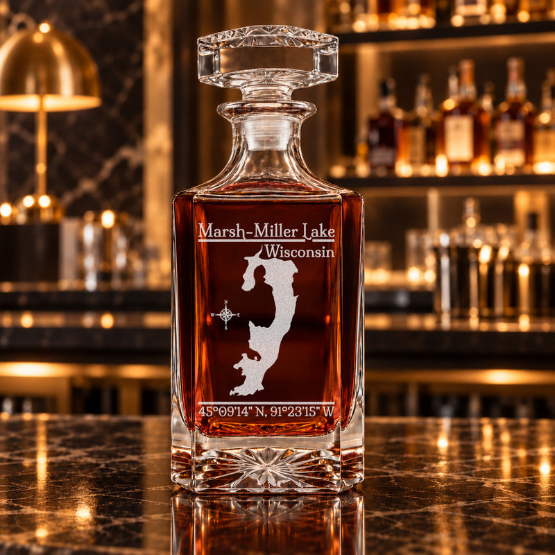 Marsh-Miller Lake Wisconsin Classic engraved square whiskey decanter - decanter alone