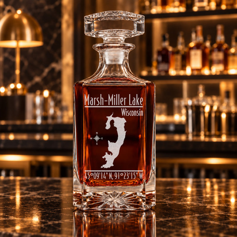 Marsh-Miller Lake Wisconsin Modern engraved square whiskey decanter - decanter alone