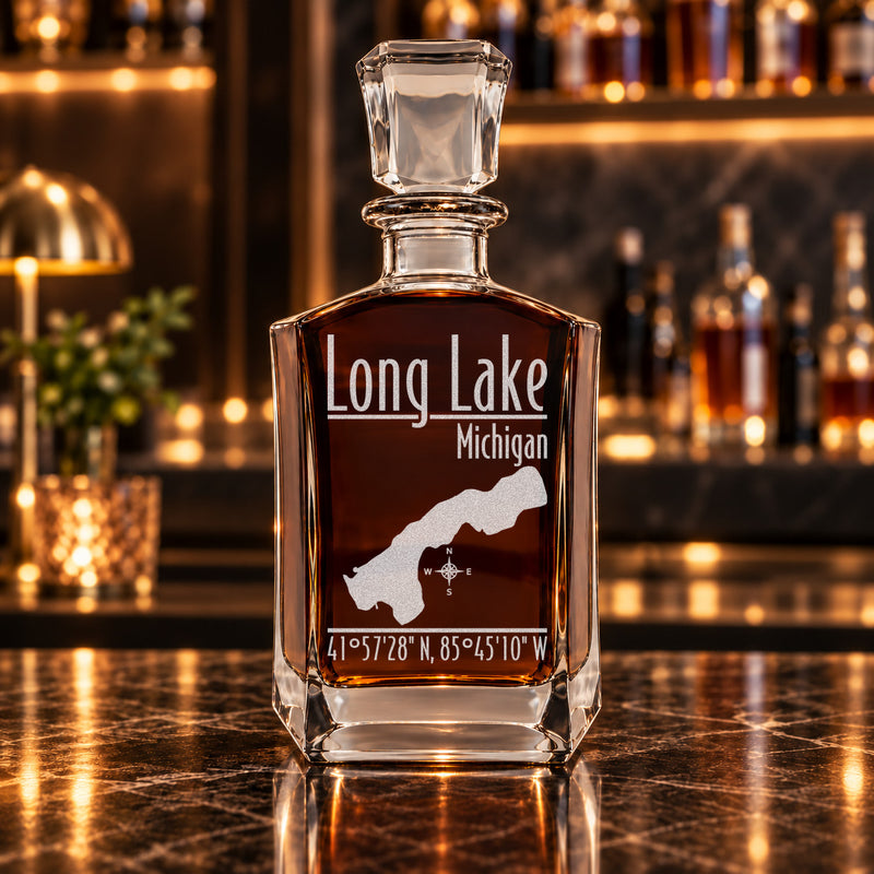 Long Lake Michigan Modern engraved six-sided whiskey decanter - decanter alone