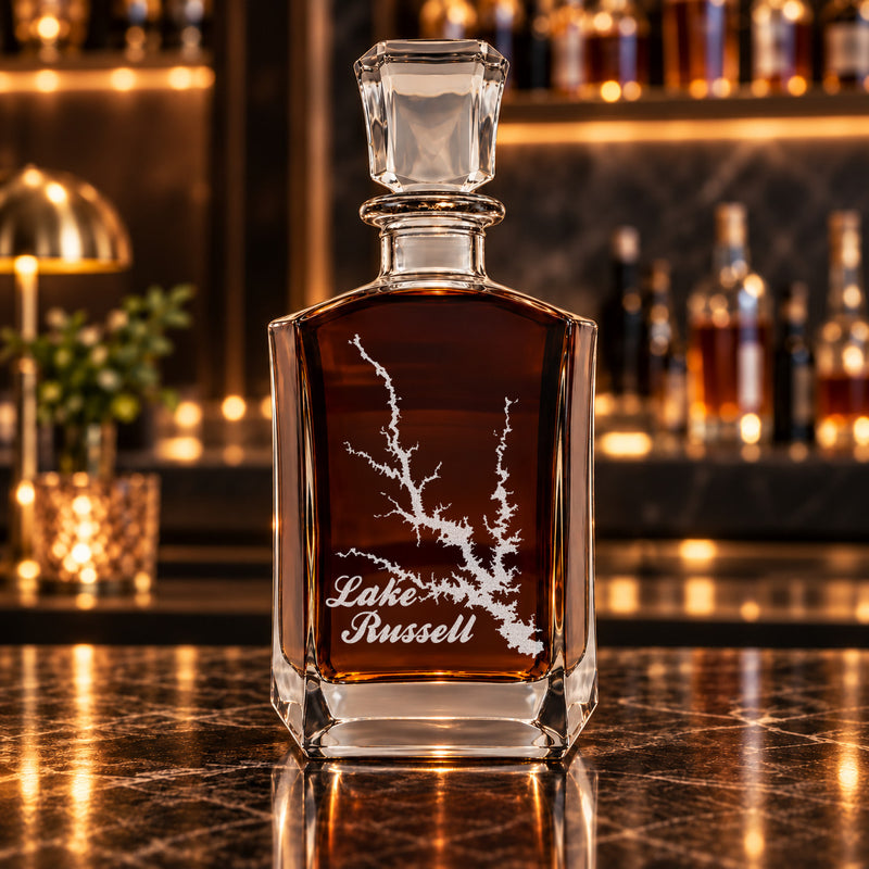 Lake Russell Georgia Minimalist engraved six-sided whiskey decanter - decanter alone
