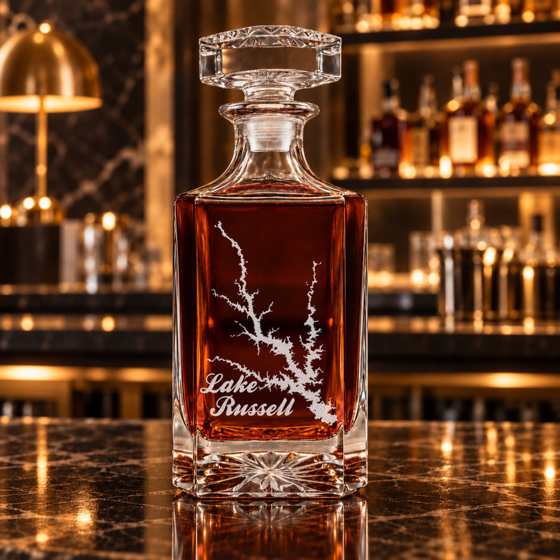Lake Russell Georgia Minimalist engraved square whiskey decanter - decanter alone