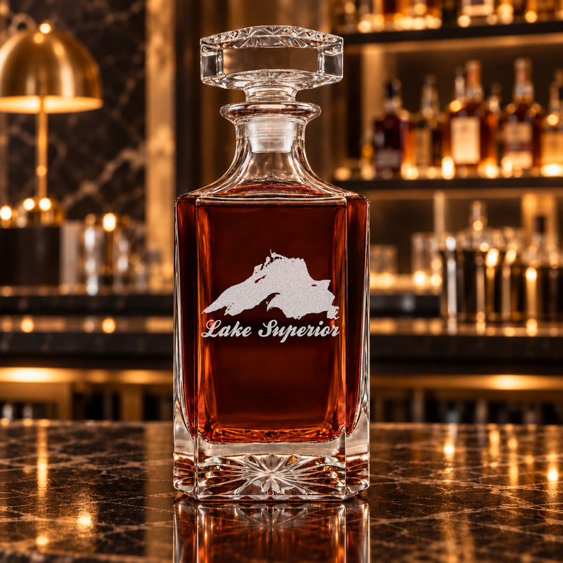 Lake Superior Wisconsin Minimalist engraved square whiskey decanter - decanter alone