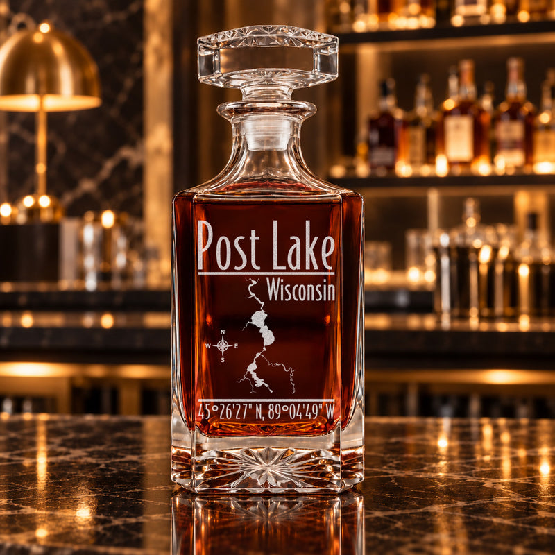 Post Lake Wisconsin Modern engraved square whiskey decanter - decanter alone