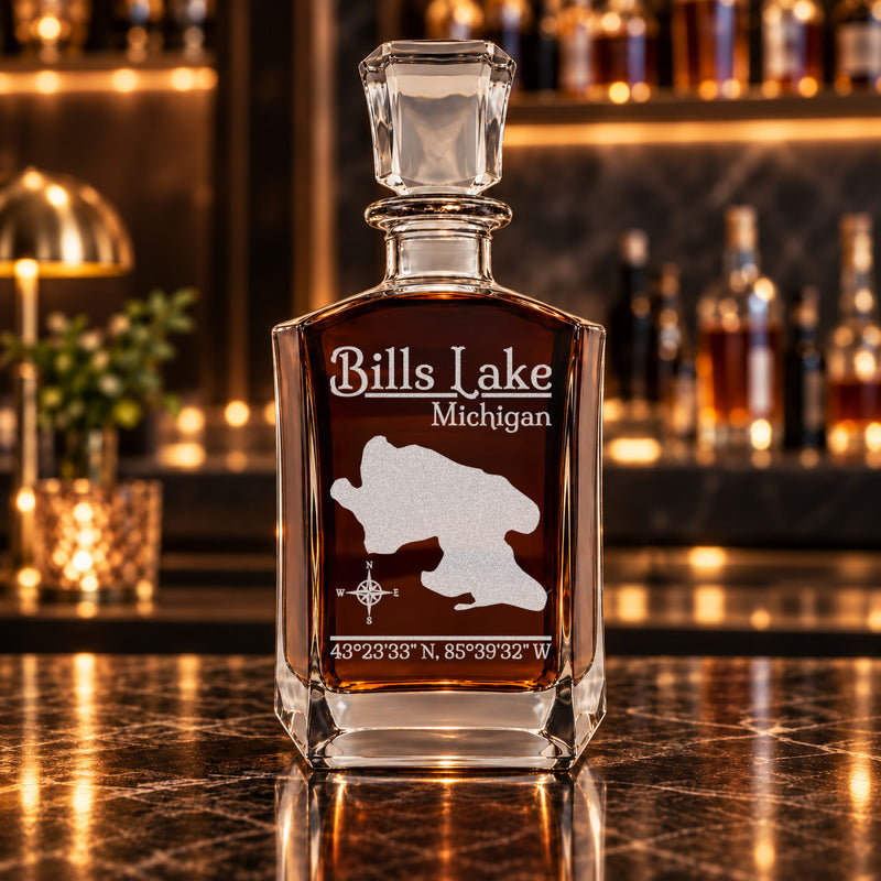Bills Lake Michigan Classic engraved six-sided whiskey decanter - decanter alone