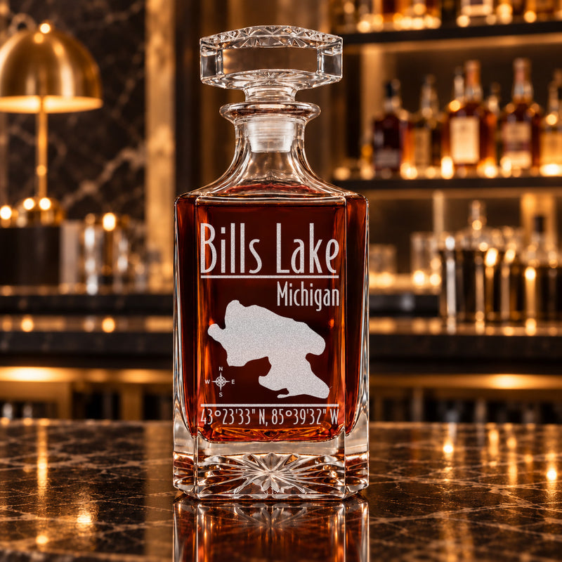 Bills Lake Michigan Modern engraved square whiskey decanter - decanter alone