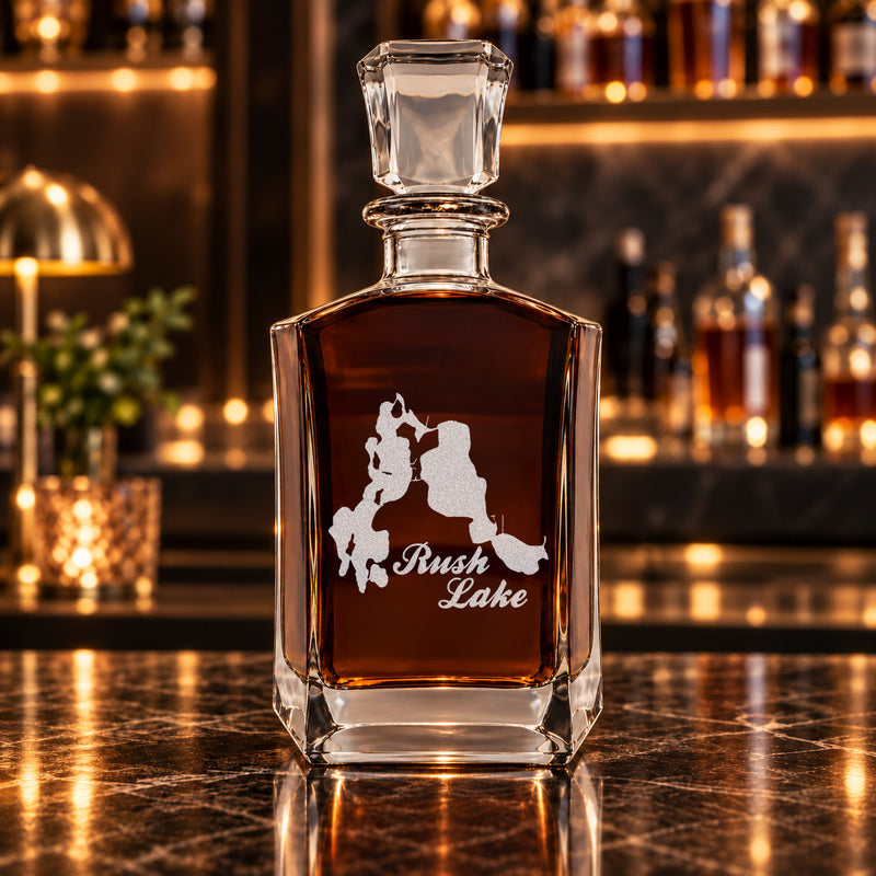 Rush Lake Minnesota Minimalist engraved six-sided whiskey decanter - decanter alone