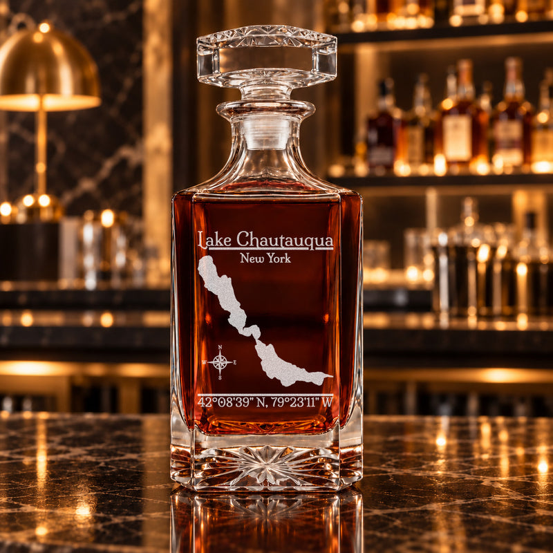 Lake Chautauqua New York Classic engraved square whiskey decanter - decanter alone