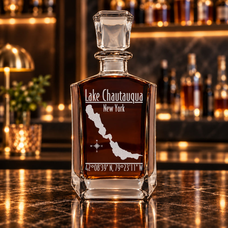 Lake Chautauqua New York Modern engraved six-sided whiskey decanter - decanter alone