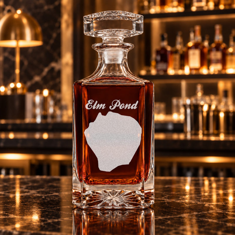 Elm Pond Maine Minimalist engraved square whiskey decanter - decanter alone