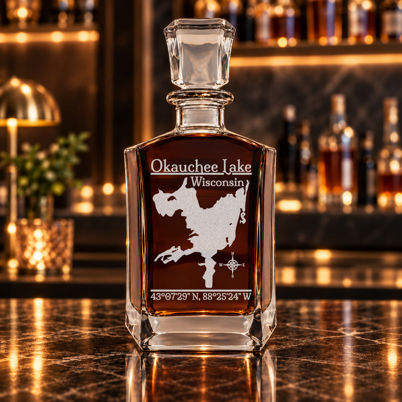 Okauchee Lake Wisconsin Classic engraved six-sided whiskey decanter - decanter alone