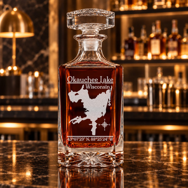 Okauchee Lake Wisconsin Classic engraved square whiskey decanter - decanter alone