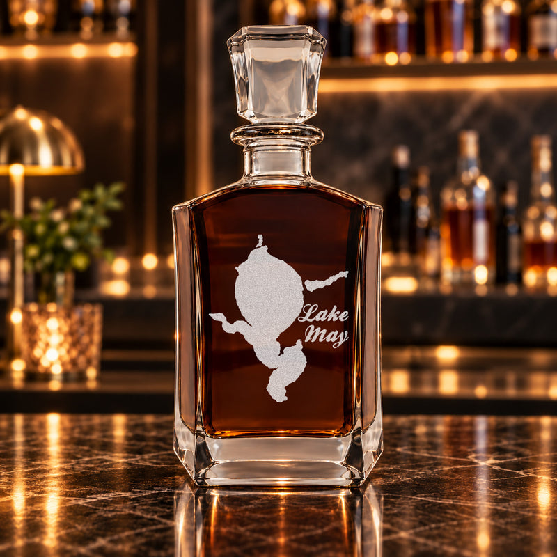 Lake May Michigan Minimalist engraved six-sided whiskey decanter - decanter alone