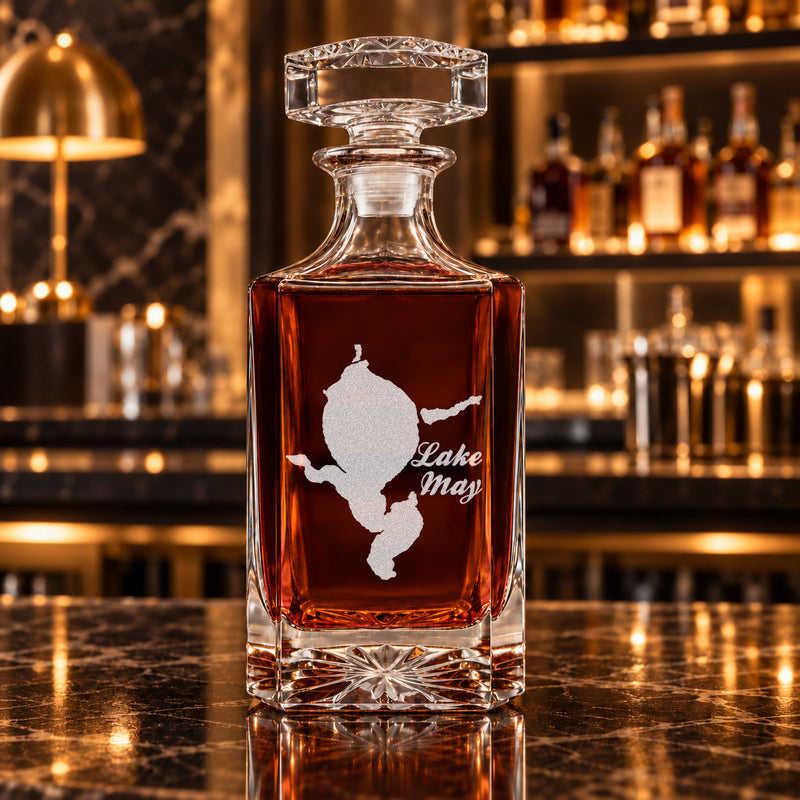Lake May Michigan Minimalist engraved square whiskey decanter - decanter alone