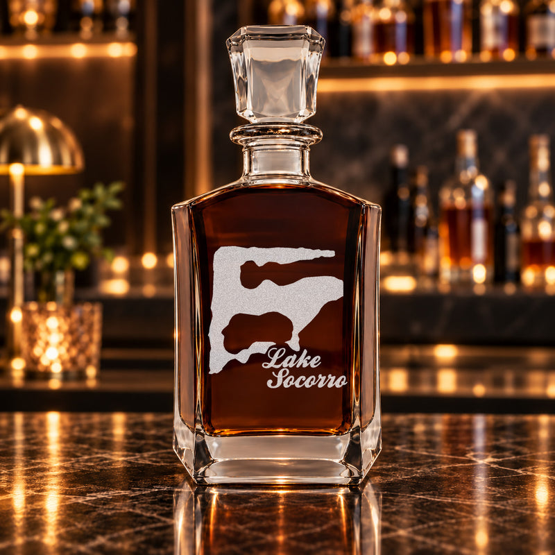 Lake Socorro Nebraska Minimalist engraved six-sided whiskey decanter - decanter alone