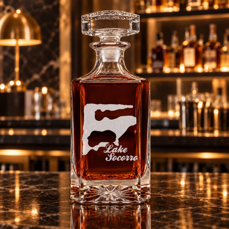 Lake Socorro Nebraska Minimalist engraved square whiskey decanter - decanter alone