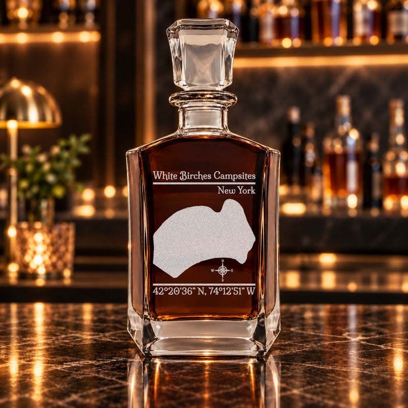 White Birches Campsites New York Classic engraved six-sided whiskey decanter - decanter alone