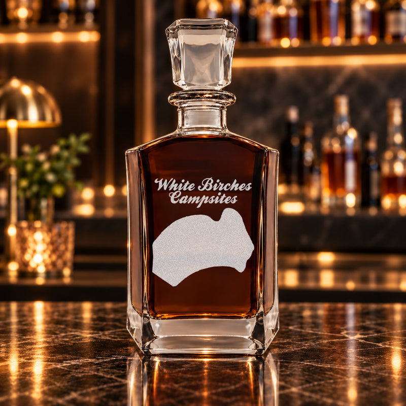 White Birches Campsites New York Minimalist engraved six-sided whiskey decanter - decanter alone
