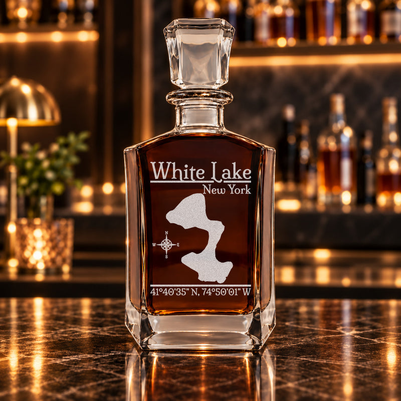 White Lake New York Classic engraved six-sided whiskey decanter - decanter alone