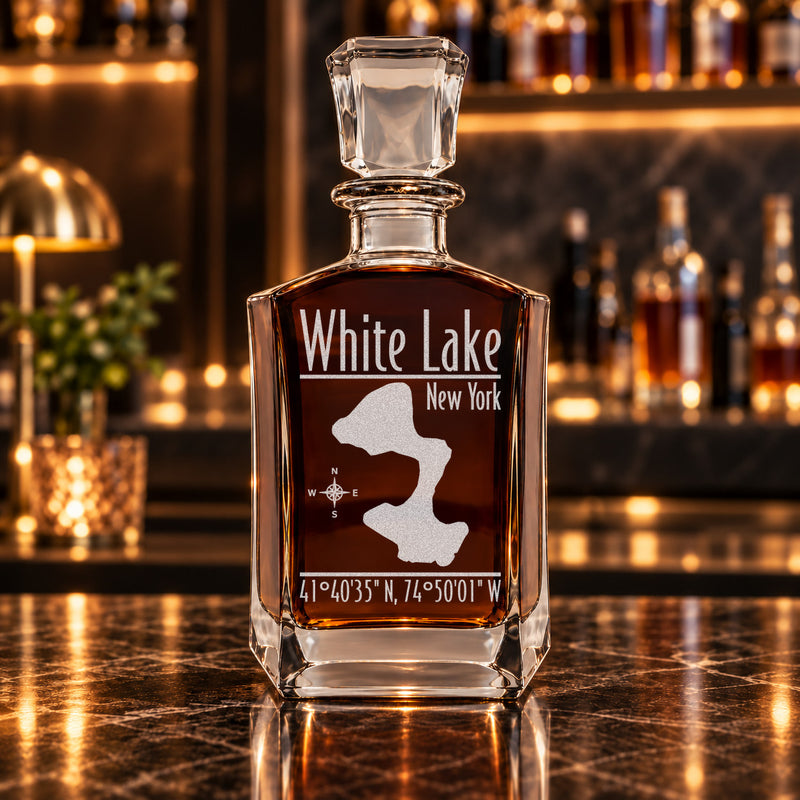 White Lake New York Modern engraved six-sided whiskey decanter - decanter alone