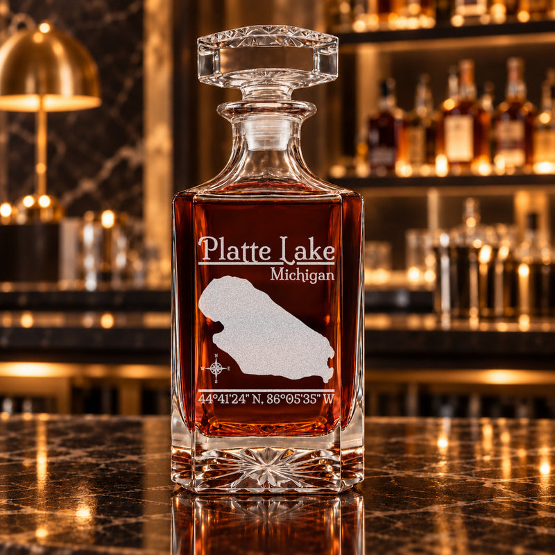 Platte Lake Michigan Classic engraved square whiskey decanter - decanter alone