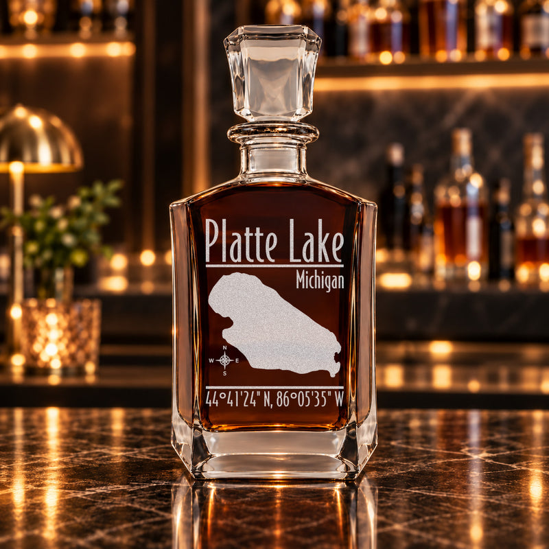 Platte Lake Michigan Modern engraved six-sided whiskey decanter - decanter alone