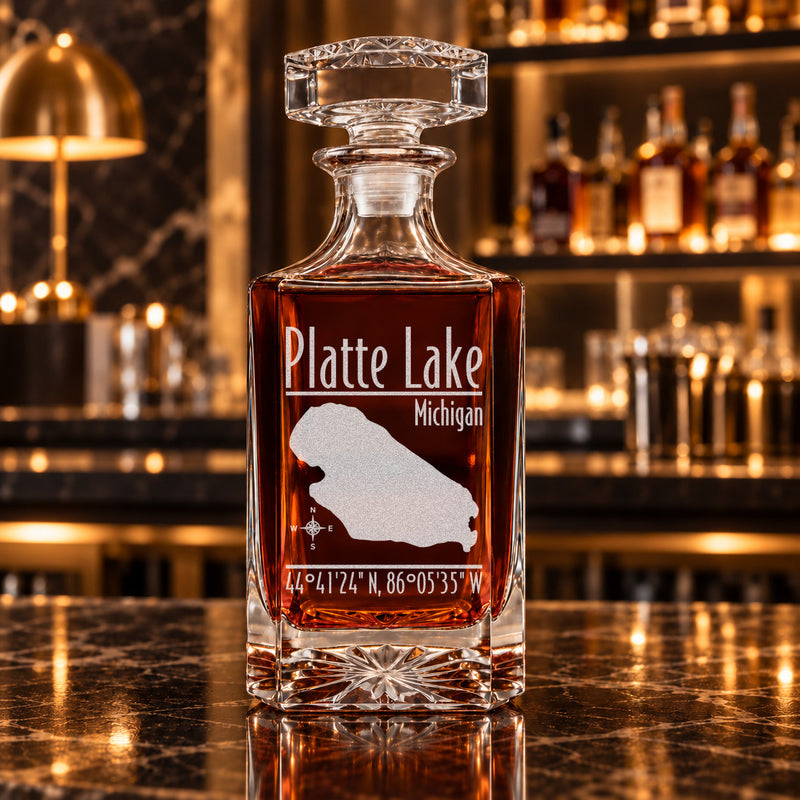 Platte Lake Michigan Modern engraved square whiskey decanter - decanter alone