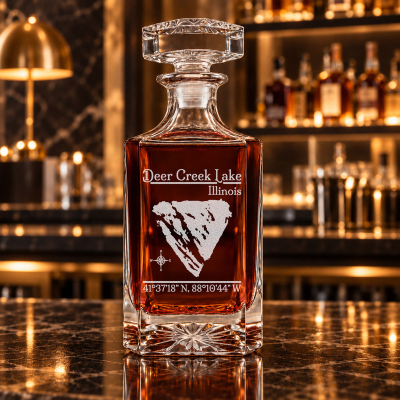 Deer Creek Lake Illinois Classic engraved square whiskey decanter - decanter alone
