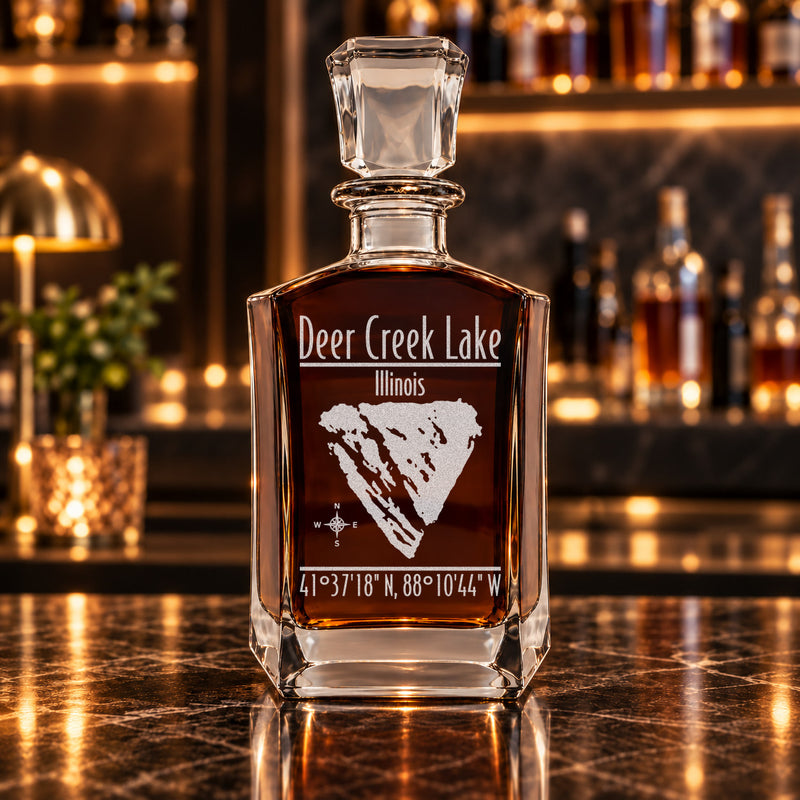 Deer Creek Lake Illinois Modern engraved six-sided whiskey decanter - decanter alone
