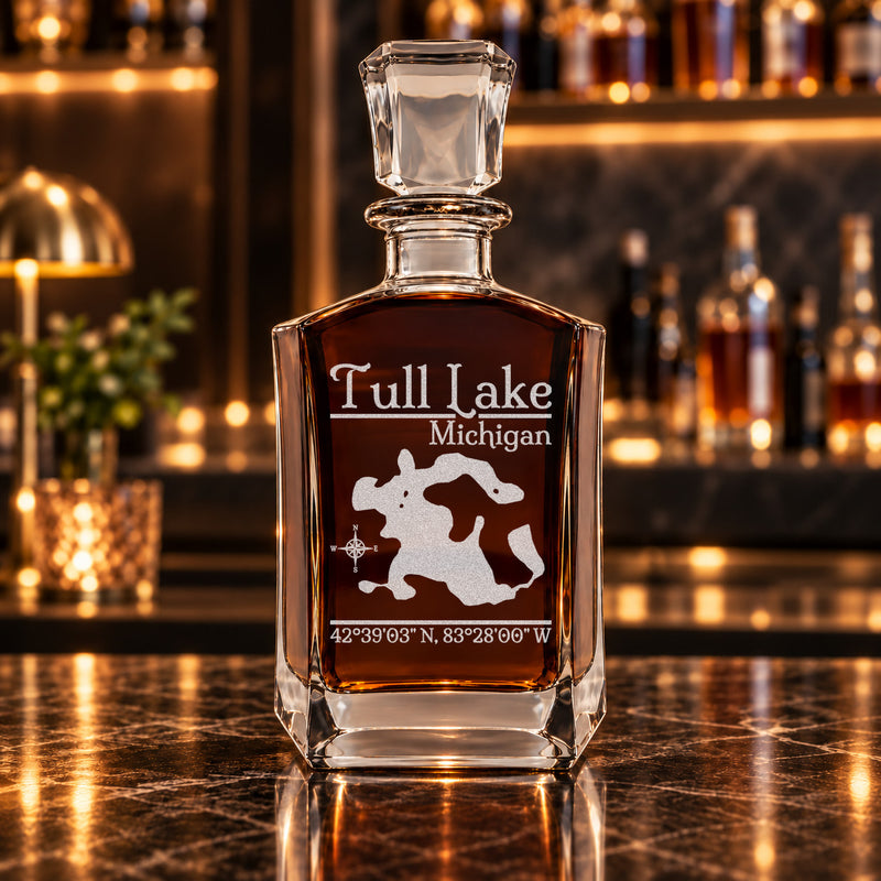 Tull Lake Michigan Classic engraved six-sided whiskey decanter - decanter alone