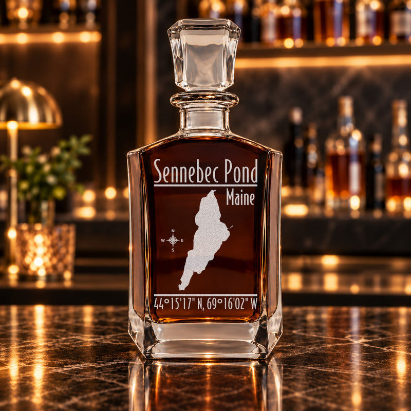 Sennebec Pond Maine Modern engraved six-sided whiskey decanter - decanter alone