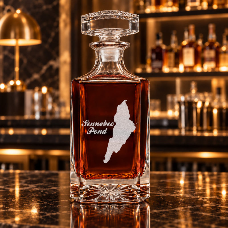 Sennebec Pond Maine Minimalist engraved square whiskey decanter - decanter alone