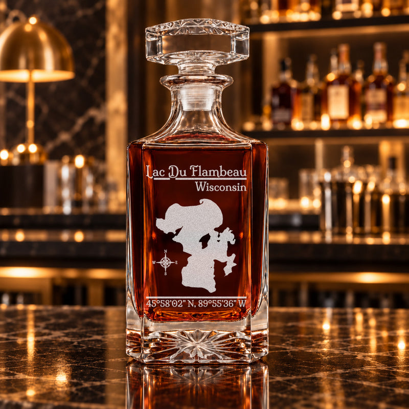 Lac Du Flambeau Wisconsin Classic engraved square whiskey decanter - decanter alone