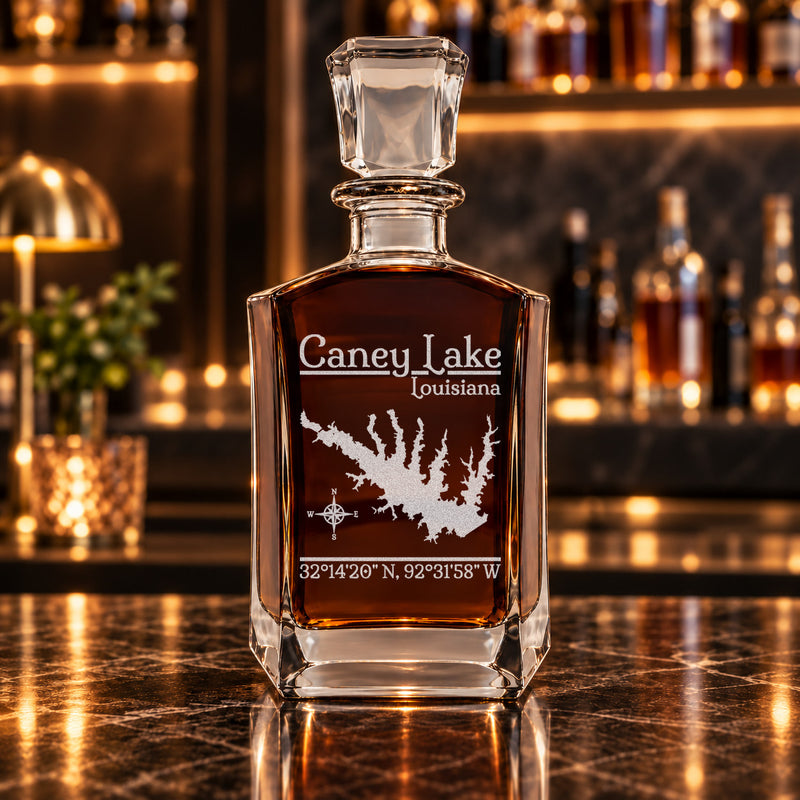 Caney Lake Louisiana Classic engraved six-sided whiskey decanter - decanter alone