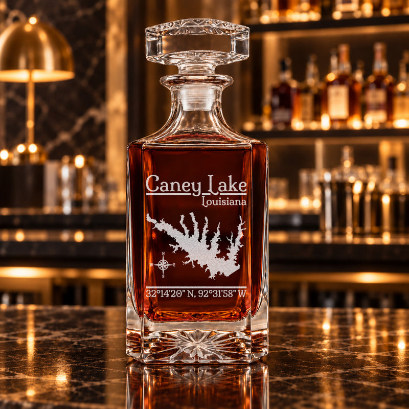 Caney Lake Louisiana Classic engraved square whiskey decanter - decanter alone