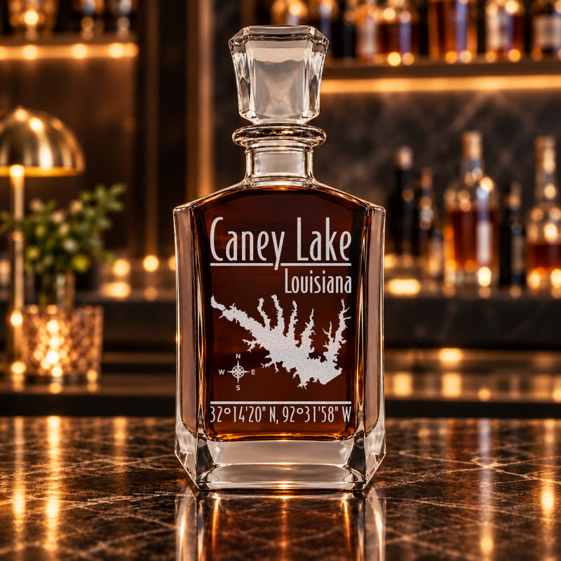 Caney Lake Louisiana Modern engraved six-sided whiskey decanter - decanter alone