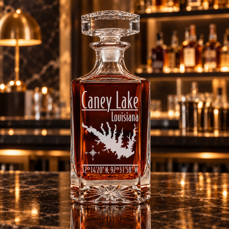 Caney Lake Louisiana Modern engraved square whiskey decanter - decanter alone