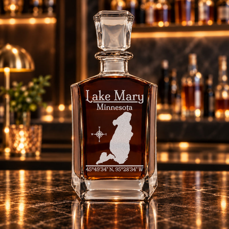 Lake Mary Minnesota Classic engraved six-sided whiskey decanter - decanter alone