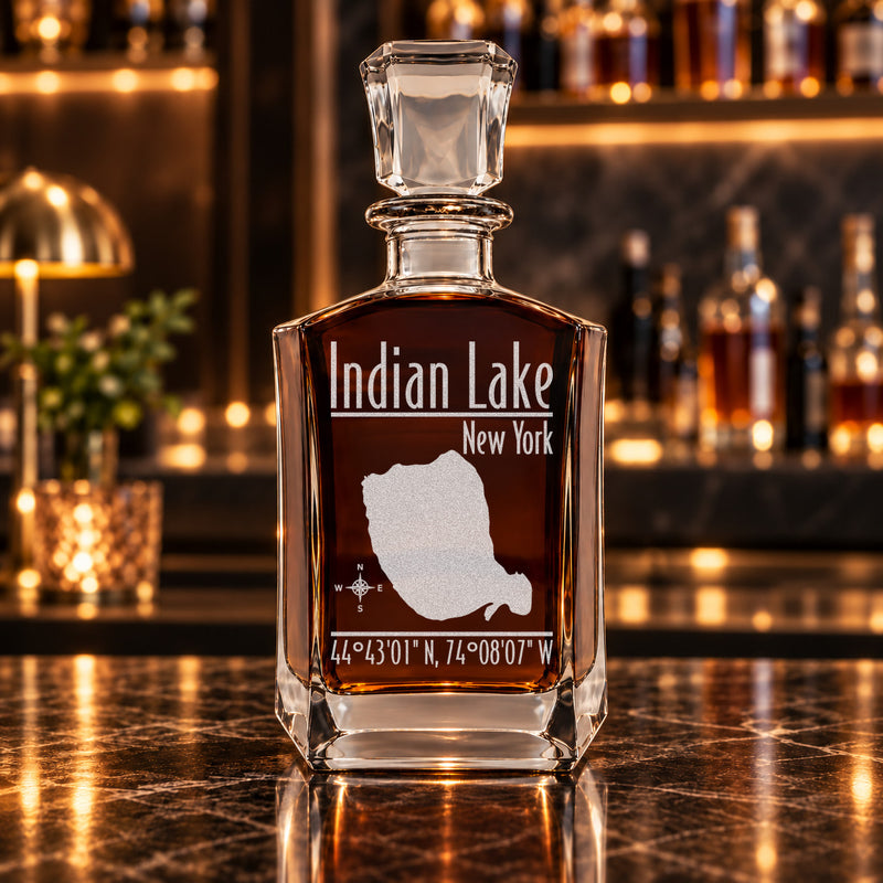 Indian Lake New York Modern engraved six-sided whiskey decanter - decanter alone