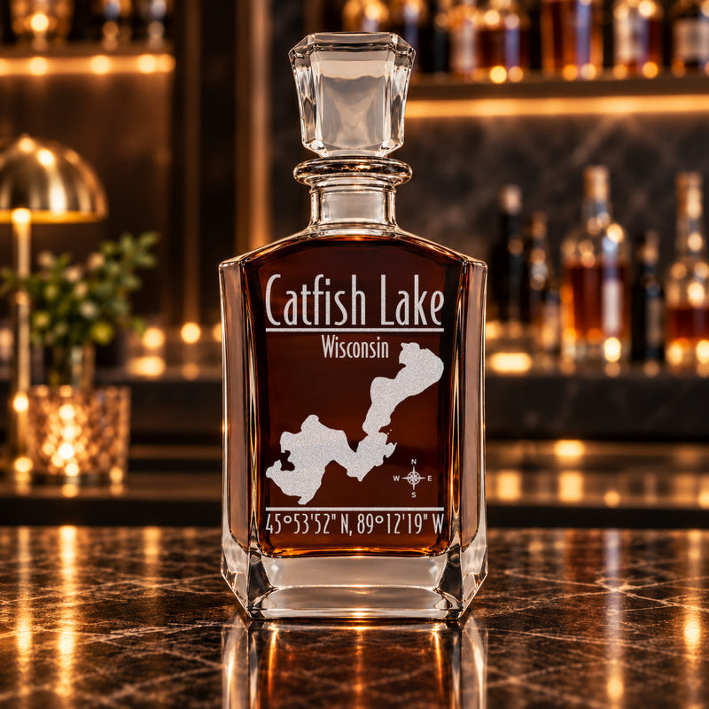 Catfish Lake Wisconsin Modern engraved six-sided whiskey decanter - decanter alone