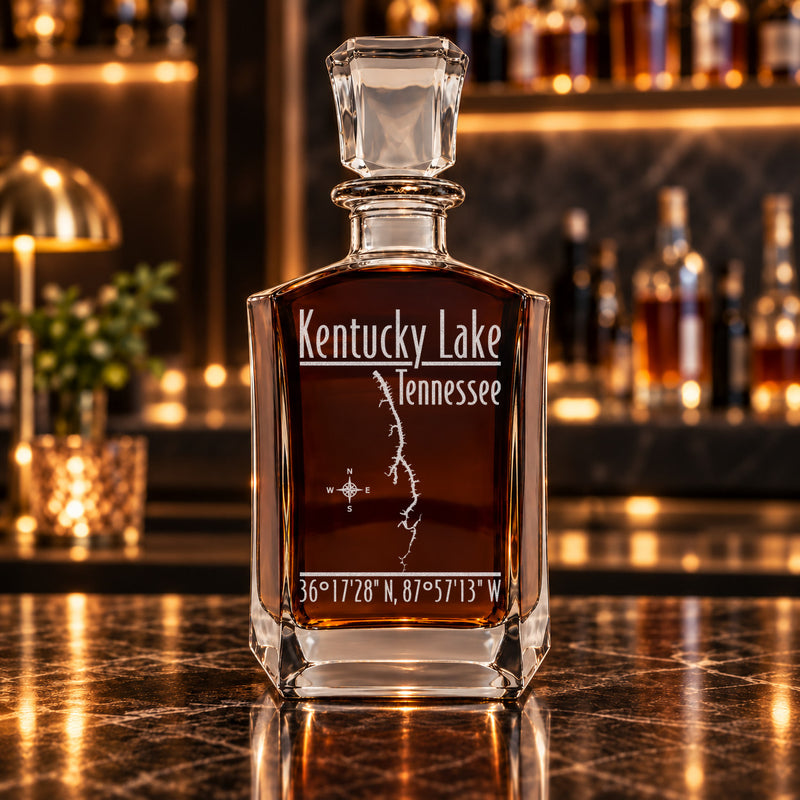 Kentucky Lake Tennessee Modern engraved six-sided whiskey decanter - decanter alone